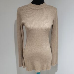 Meshki Women's Mockneck Ribbed Flare Sleeve Sweater Size XXS Cream Quiet Luxury